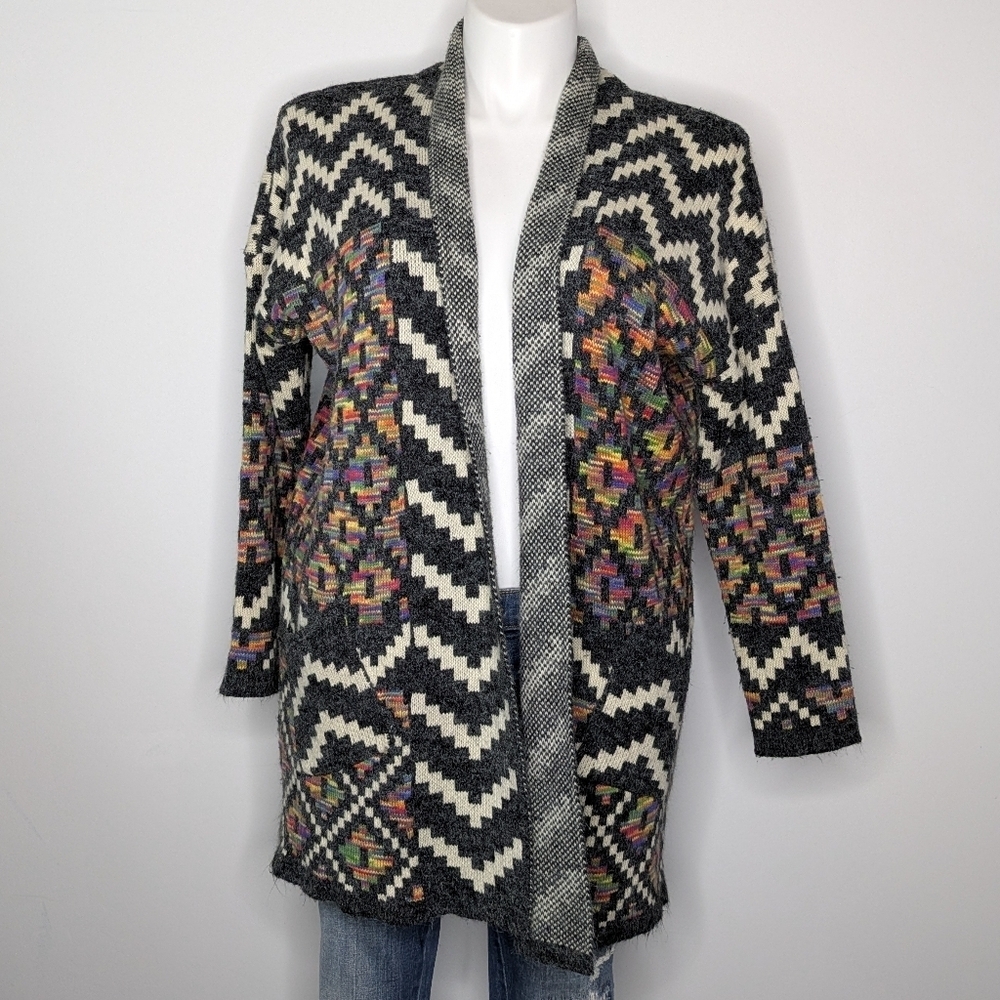 Kamana Black White Rainbow Colorful Chevron Open Cardigan Sweater XL